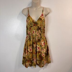 Vintage Y2K Cami Dress Raviya M Green Red Floral Smocked V-neck Fairy Cotton